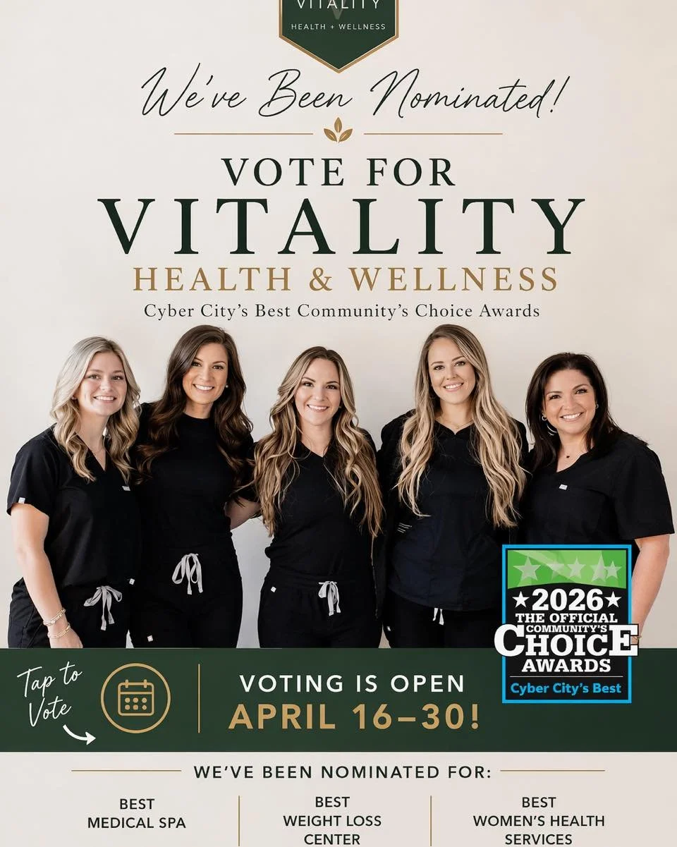 WE&rsquo;VE BEEN NOMINATED!!! 🎉💚✨

We&rsquo;re honored to be nominated for Cyber City&rsquo;s Best Community&rsquo;s Choice Awards 🤍

Vote for Vitality Health &amp; Wellness for:
&bull; Best Medical Spa
&bull; Best Weight Loss Center
&bull; Best W