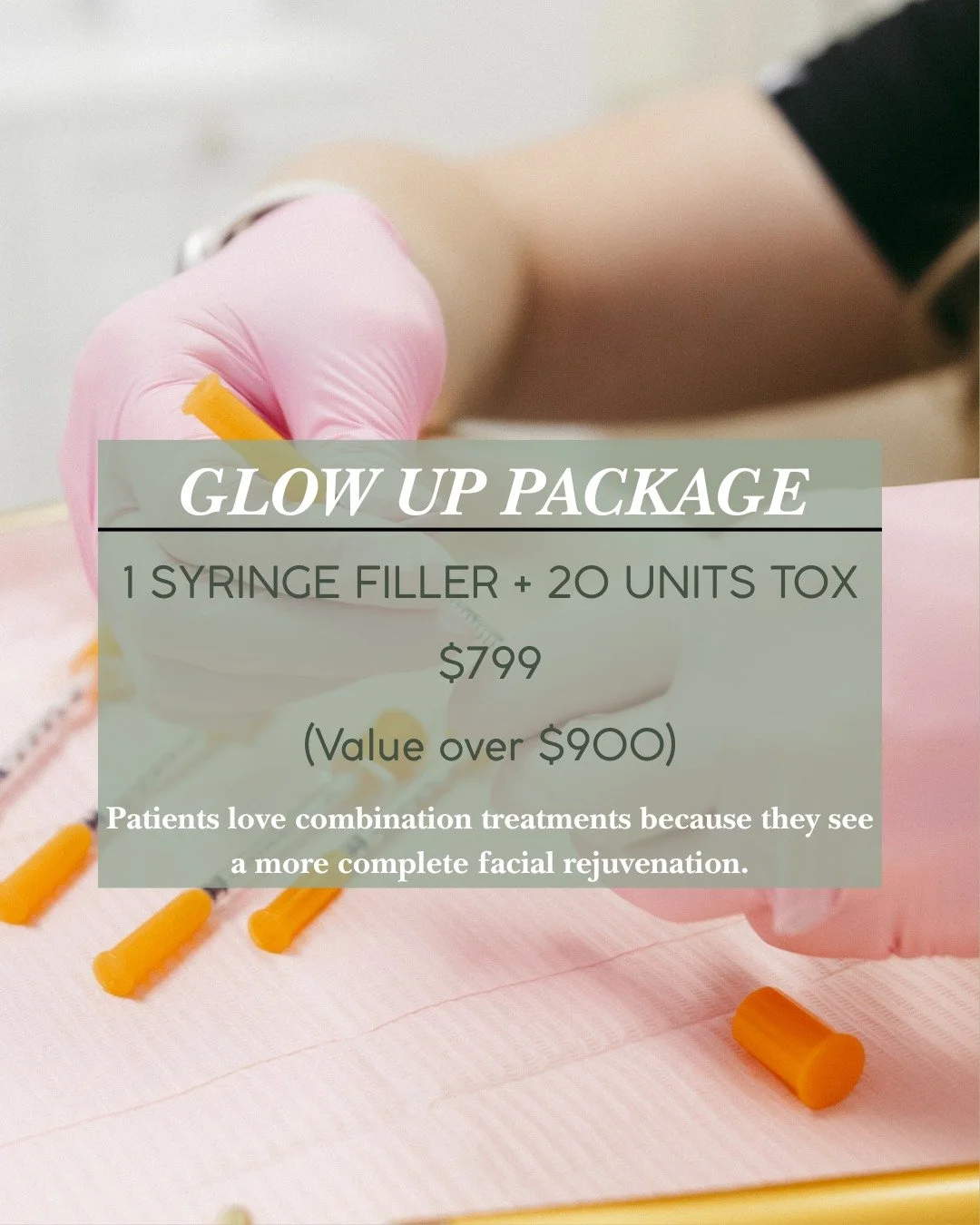 ✨ Why choose one treatment when they work even better together? 

Our Glow Up Package includes 1 syringe of filler + 20 units of tox for just $799 (a value of over $900). 

Patients love combination treatments because they can address multiple concer