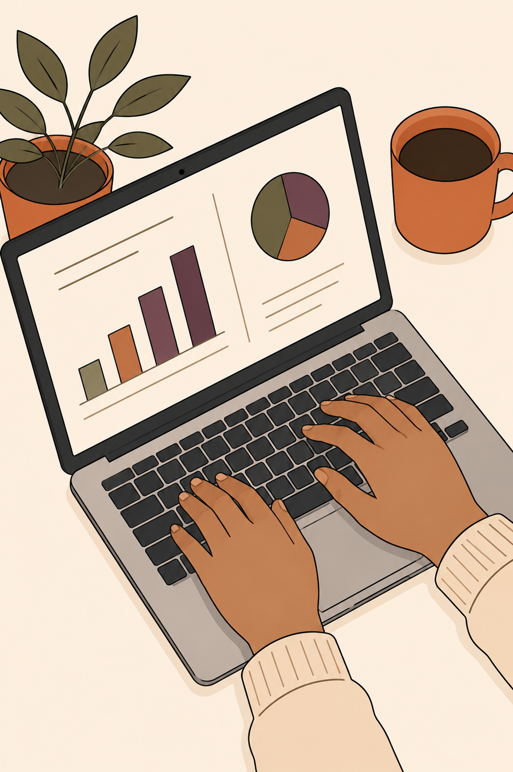 A person working at a white desk with a laptop displaying a spreadsheet and pie chart, a calculator, a coffee mug, and notebooks with writing, surrounded by potted plants.