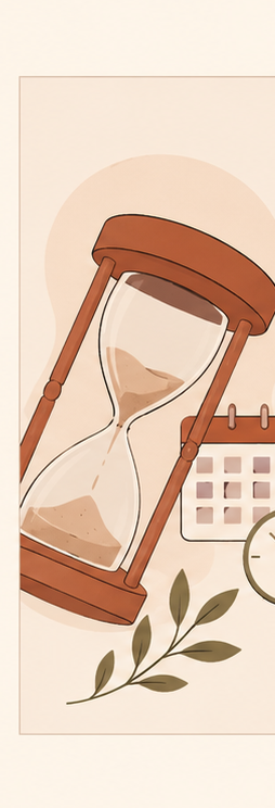 Close-up of an hourglass with white sand, positioned in front of a blurred round wall clock showing partial numbers from 8 to 2.