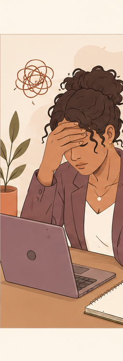 Person with long hair wearing black jacket, sitting at a wooden table, holding their head with one hand and looking down, in front of an open laptop.