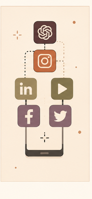 Stacked blocks with social media icons for Facebook, Messenger, WhatsApp, Instagram, and others, arranged vertically against a light blue background.