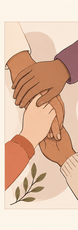 Close-up of multiple hands holding each other, including elderly and younger hands, symbolizing care, support, and connection.