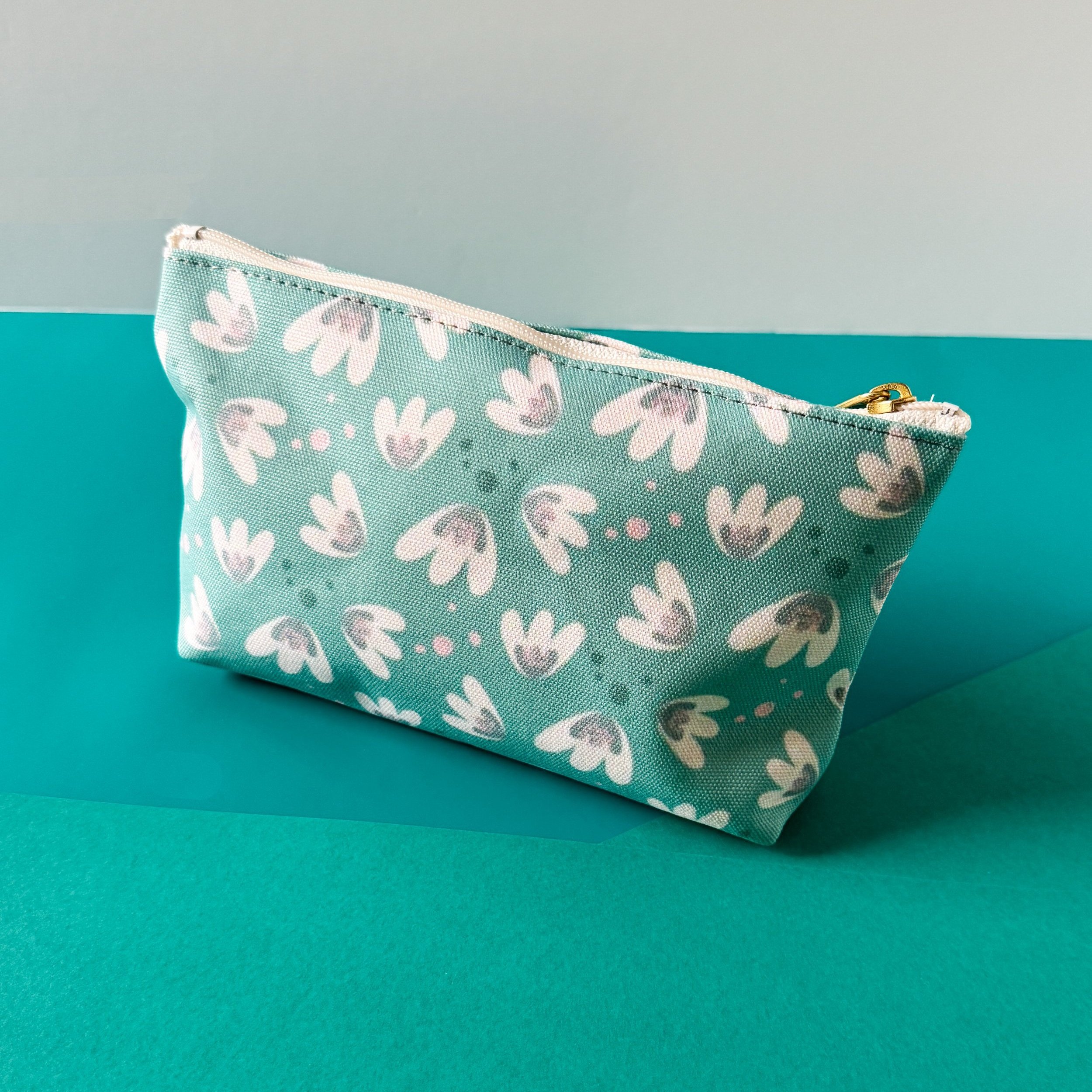 pouch with flower pattern, cream, teal, light pink