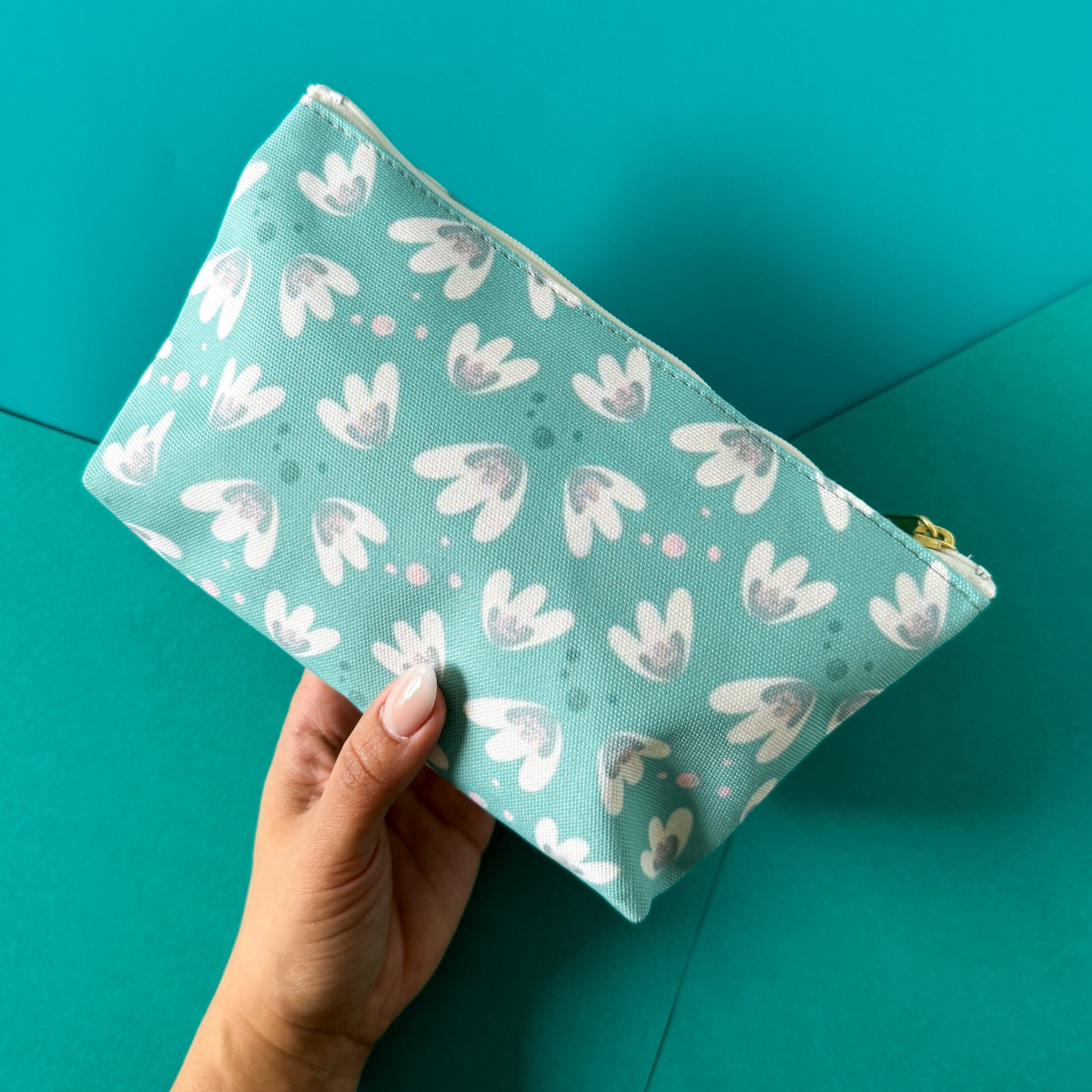 small zipper pouch with flower pattern, cream, teal, light pink