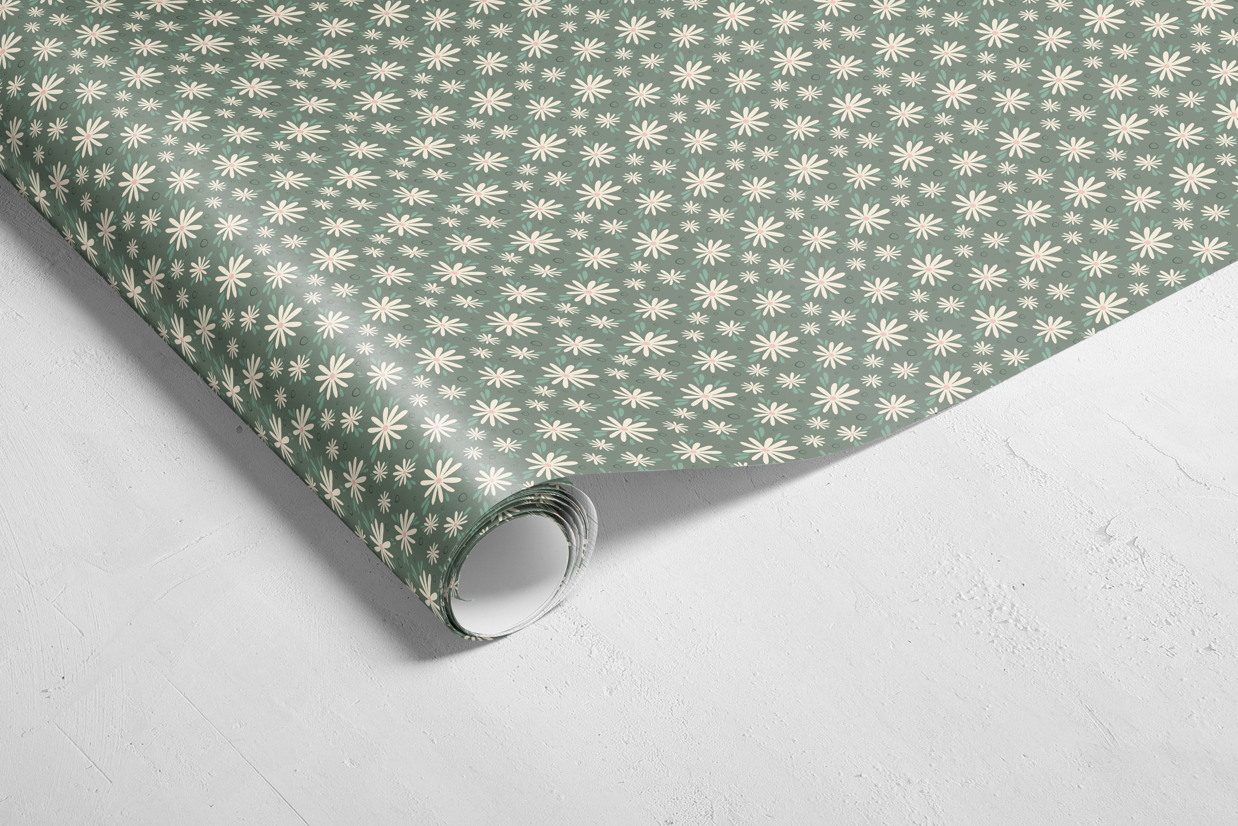wrapping paper with custom illustration pattern of daisy in greens and beige