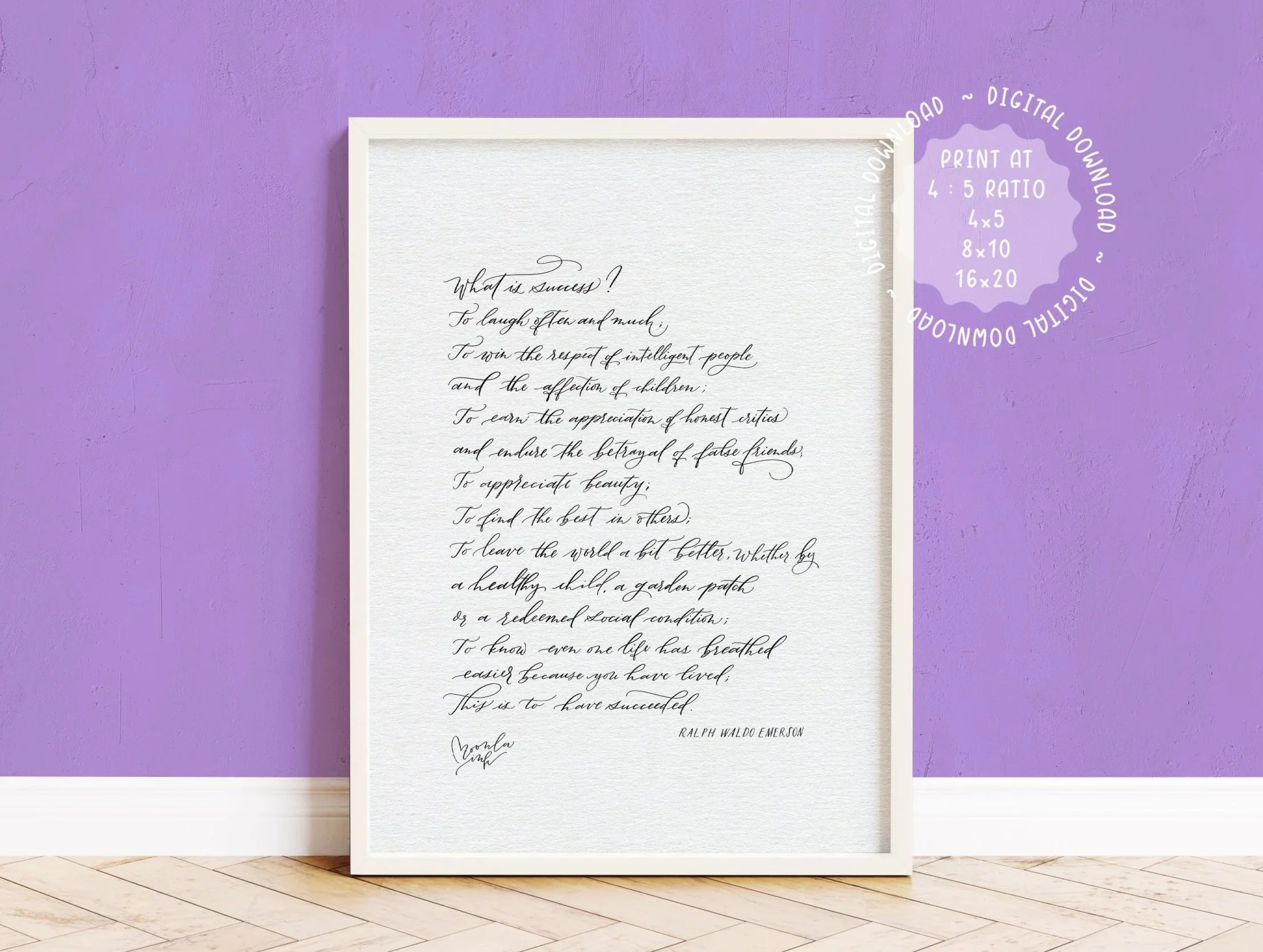 A framed handwritten quote on white paper, leaning against a purple wall with a white baseboard and a light wooden floor. The quote is by Ralph Waldo Emerson, written in elegant cursive.