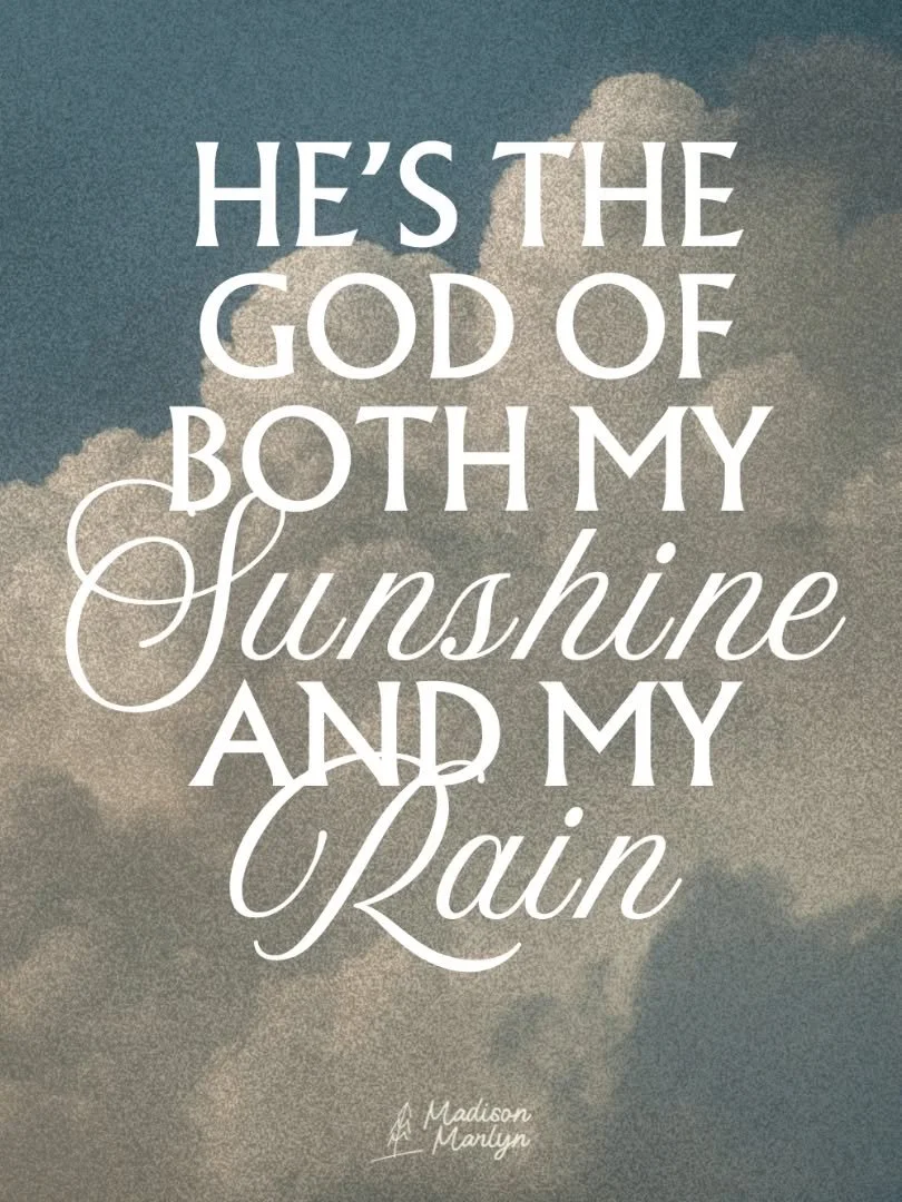 "Hold my breath, 'til colors splay across the graying skies.
Promise kept, won't be cast aside by all my questioning cries.
Nor will I, for this remains:
He's the God of both my sunshine and my rain."

#christianmusic #christiansong #christ
