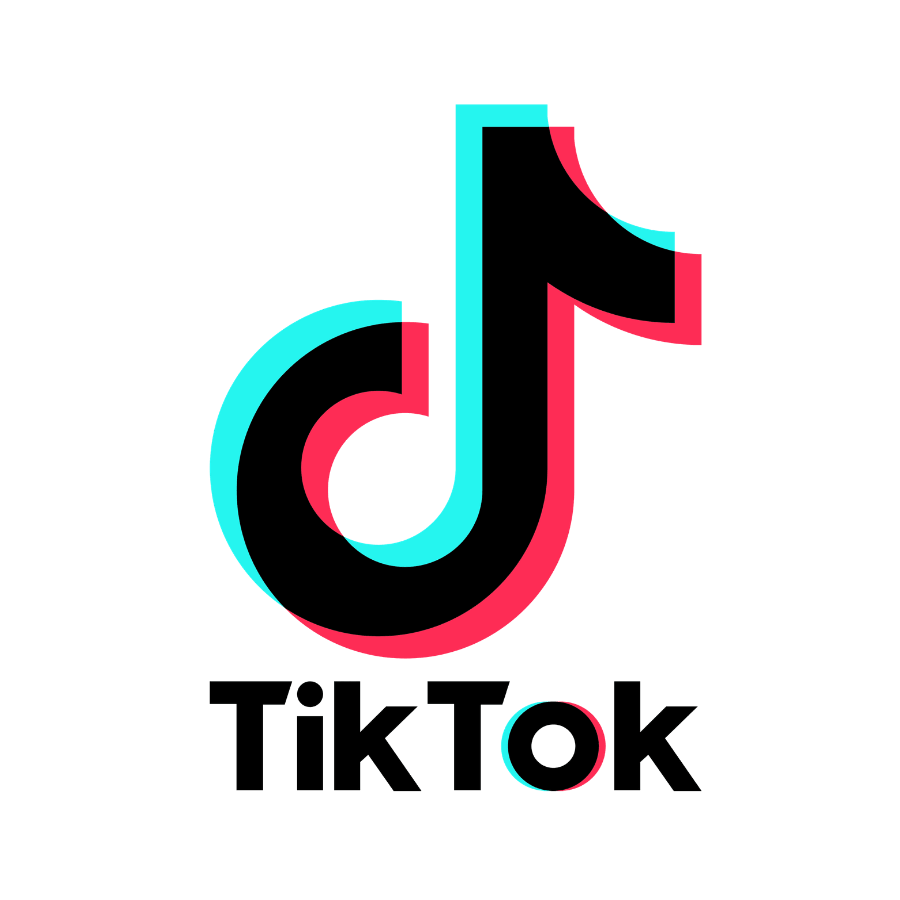 Stylized TikTok logo with overlapping blue and pink colors on black background.
