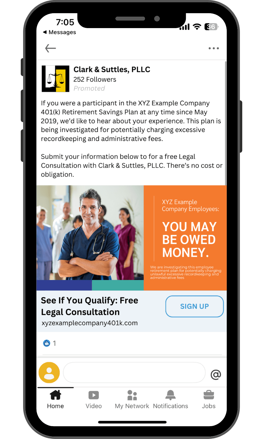 A photo of an iPhone with a sample plaintiff search ad on LinkedIn.