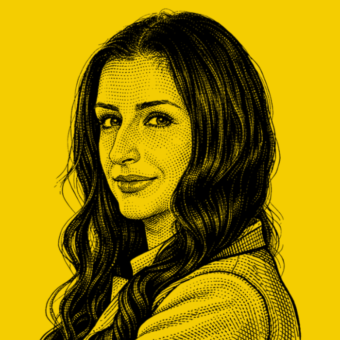 A stylized, black-and-yellow digital illustration of a woman with long, wavy hair, looking at the camera with a slight smile, wearing a blazer.