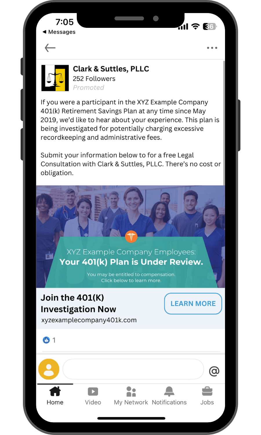 Photo of an iPhone with a Plaintiff Search ad on LinkedIn