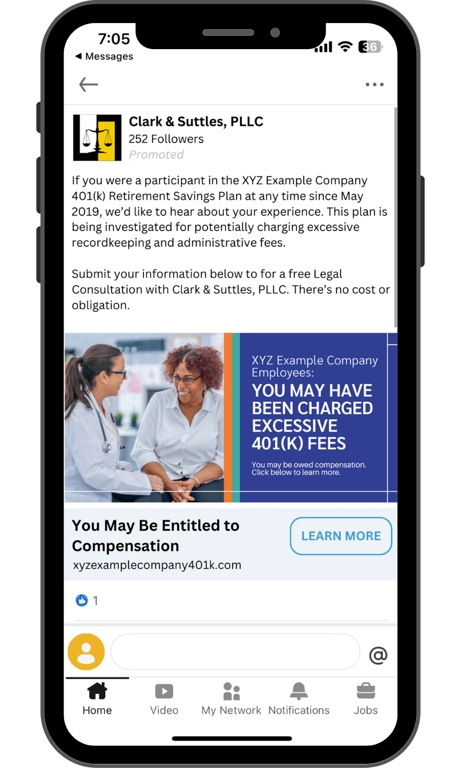 Image of an iPhone with a plaintiff search ad on LinkedIn.