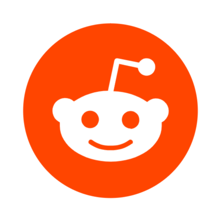 Red circle with a white smiling face and antenna, representing the Reddit logo.