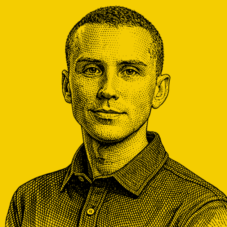 Illustration of a young man with short hair, wearing a collared shirt, against a yellow background, created in a halftone style.