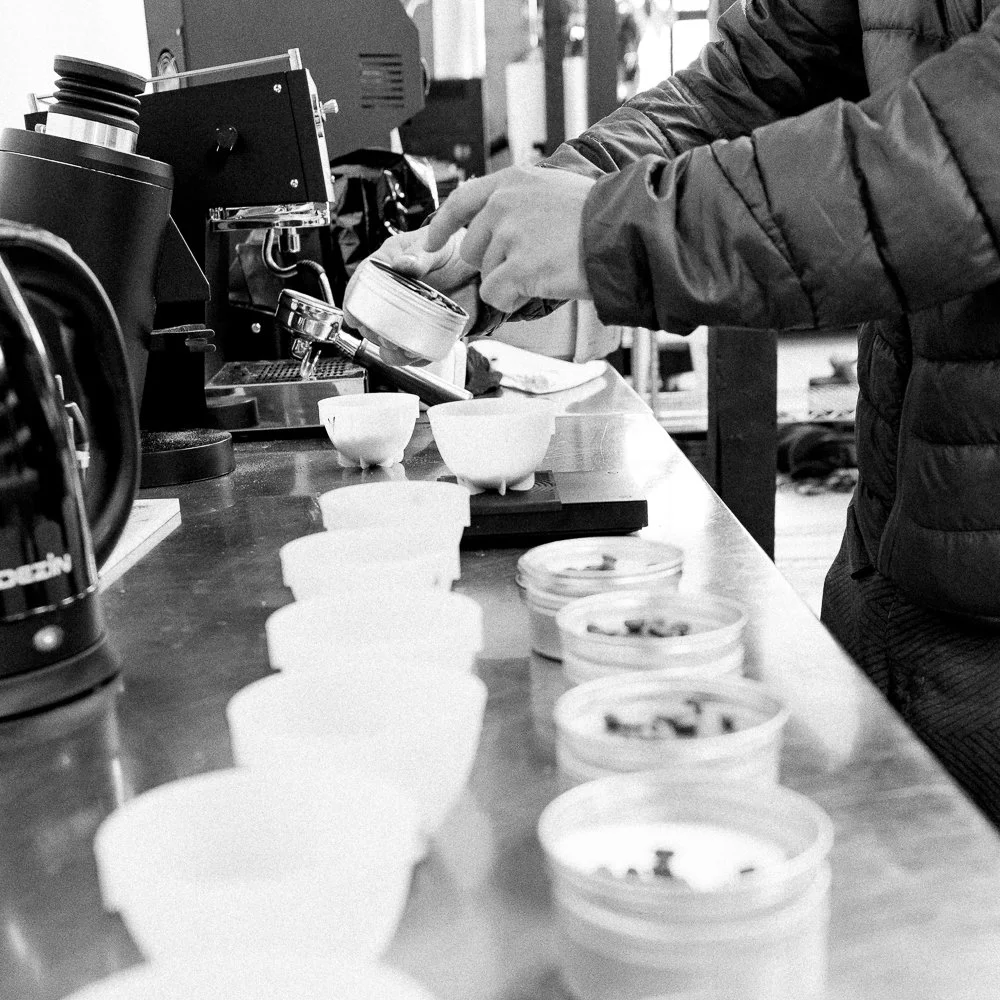 A person pouring coffee into cups at a coffee shop counter in black and white.