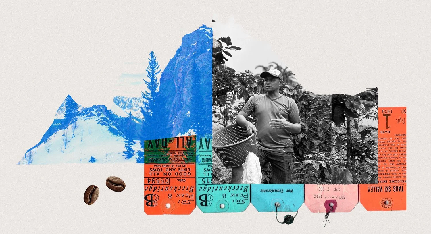 A collage featuring a black-and-white photo of a man in a hat outdoors, holding a basket in a natural environment, surrounded by orange, blue, and pink raffle tickets, with a mountainous landscape and coffee beans at the bottom.