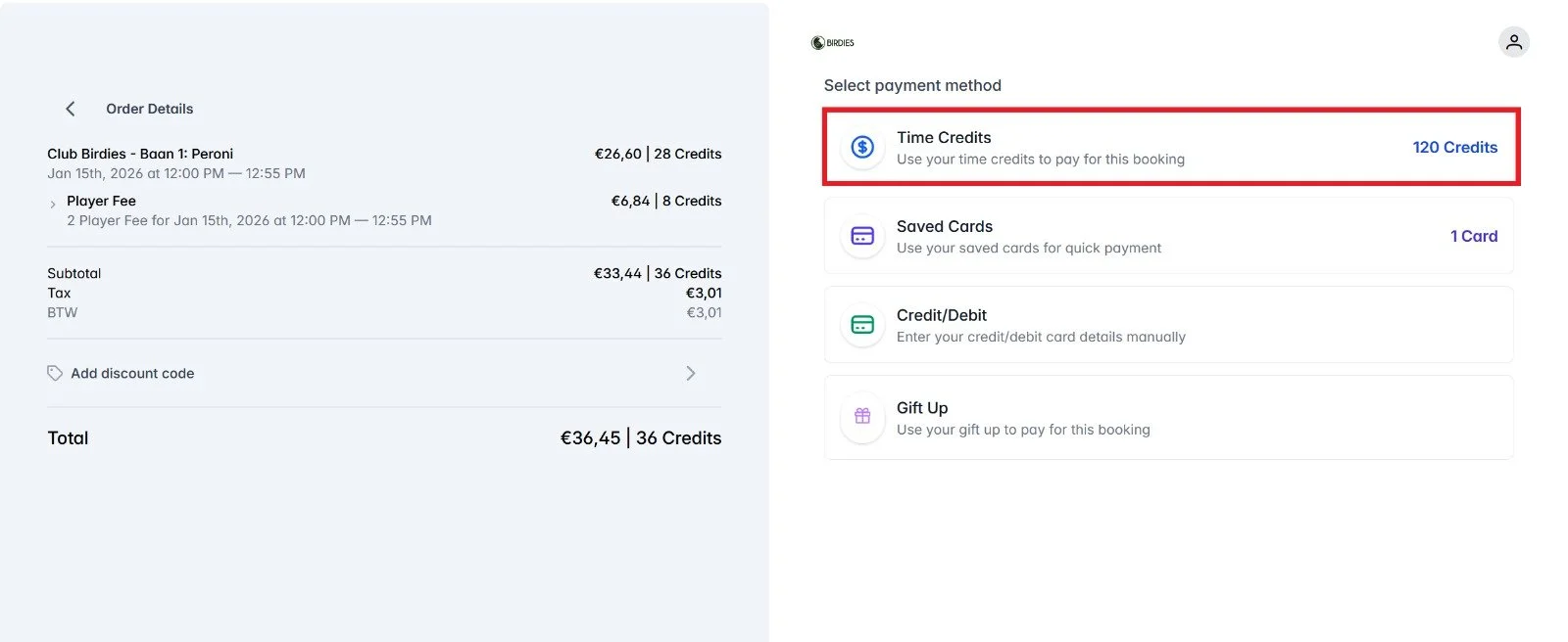 An online payment page for booking a sand course at "Club Birdies," with payment options including time credits, stored cards, credit/debit cards, and gift cards. The summary shows the total amount of €36.45 and the credits used, along with detailed information about the charges and tax.