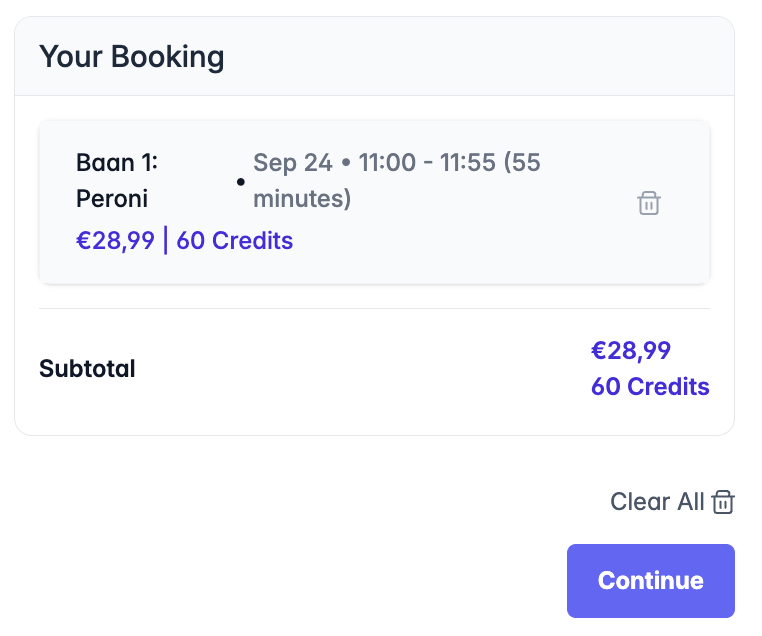 A screenshot of a booking confirmation for a reservation on September 24 from 11:00 a.m. to 11:55 a.m., with the name Peroni and a price of €28.99.