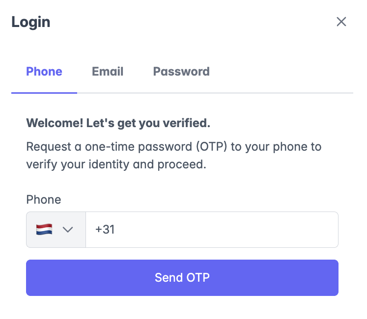 Login screen with tabs for phone number, email, and password, a flag of the Netherlands, a field for phone numbers, and a blue "Send OTP" button.