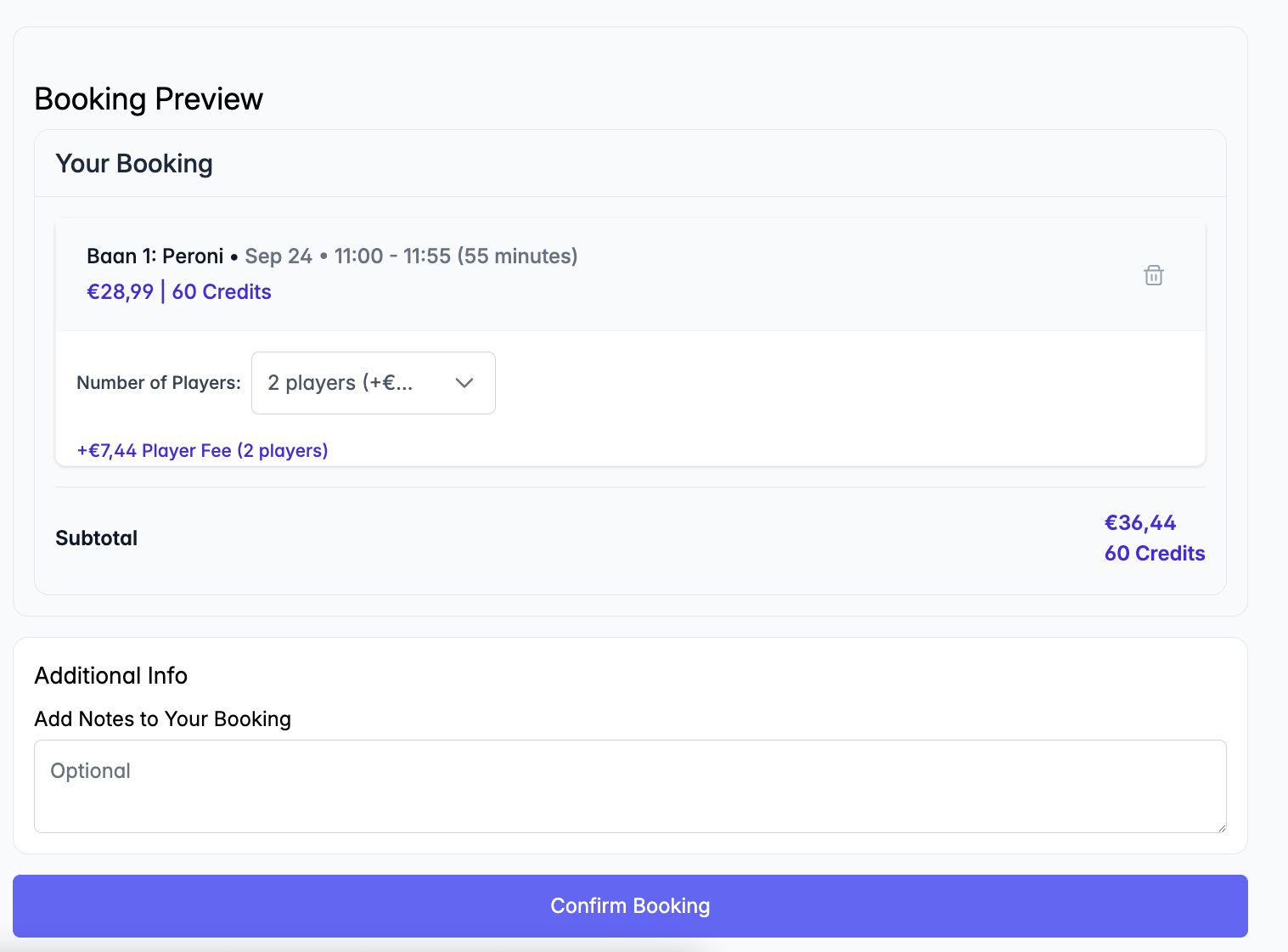 Screenshot of an online booking page for a session with Peroni on September 24 from 11:00 a.m. to 11:55 a.m., showing the cost and number of credits.
