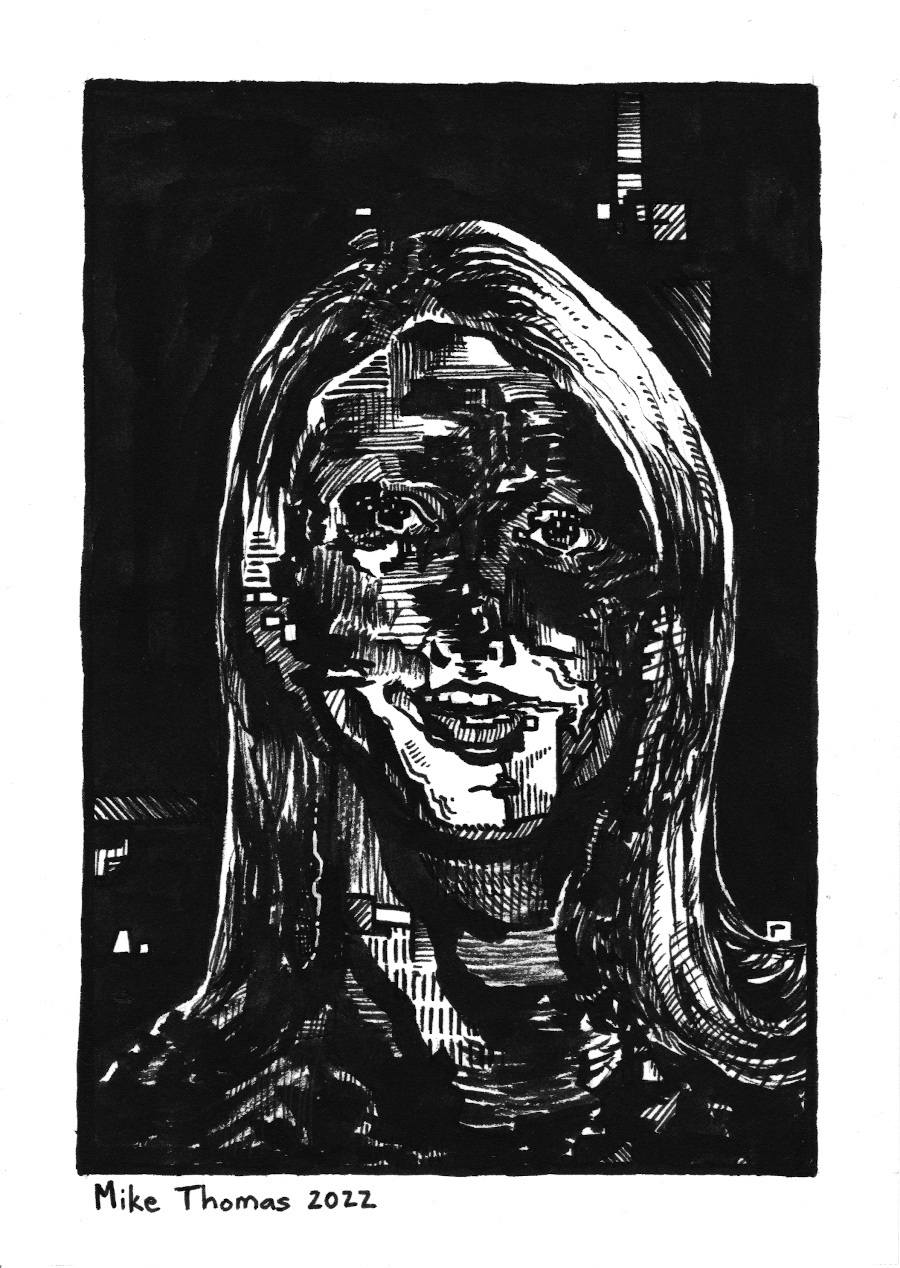 “Portrait 9 (Kendra)”
7” x 5”
Ink on Paper
May 2022