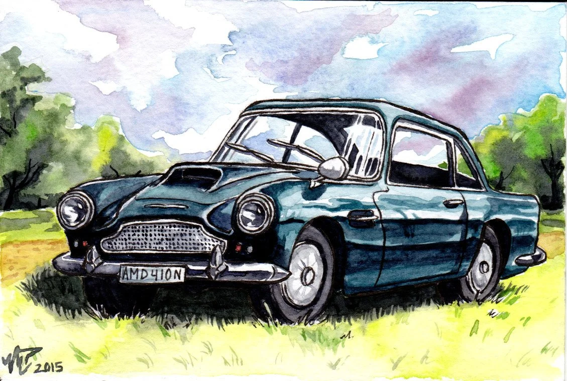 "Aston Martin"
Watercolor & Ink on Postcard 
2015