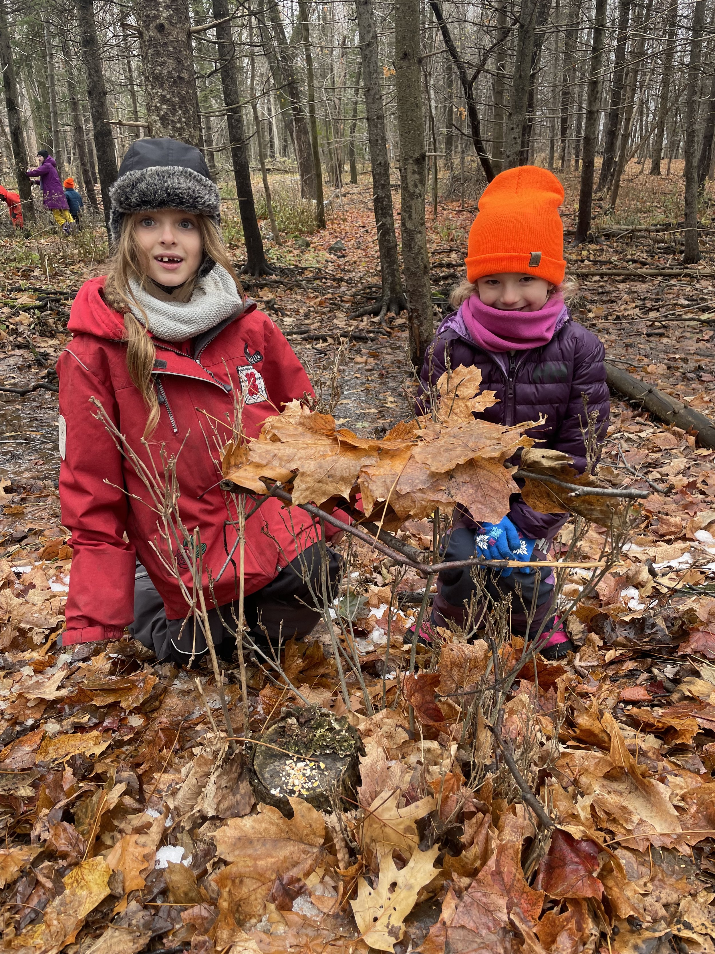 Two children in winter clothing playing in a forest with fallen leaves and bare trees.
