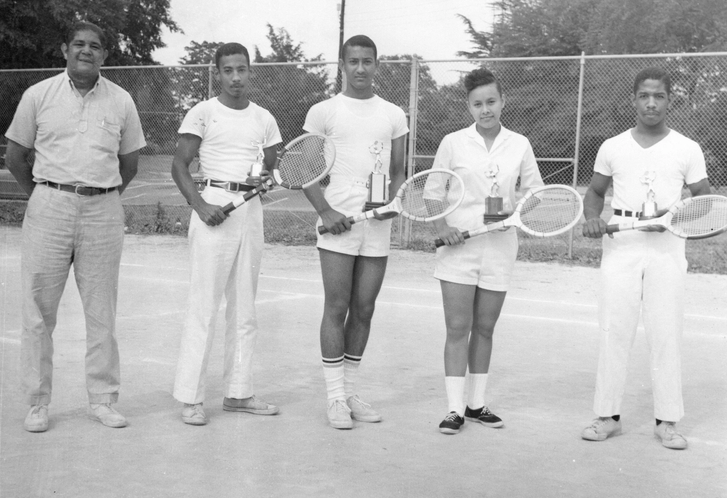 1963 Tuskegee Institute High School Tennis Team, Coach Ernest Slick Holland, Ronald Fernandes, Gerald Billes, Heloise Billes, Anthony Tony Reid