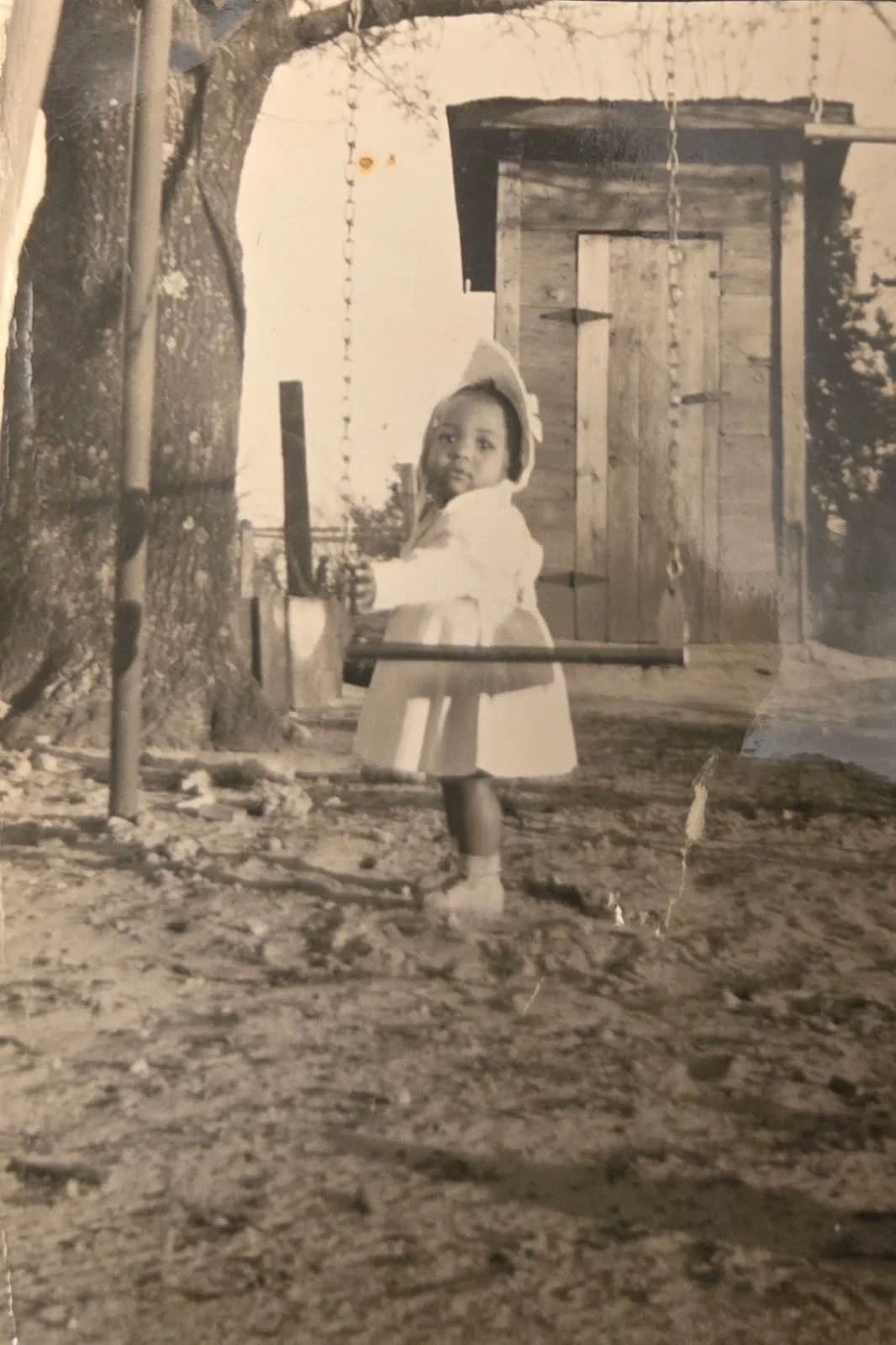 Palmer's Sister Marsha in Front of Family Outhouse (outside toilet) 1951