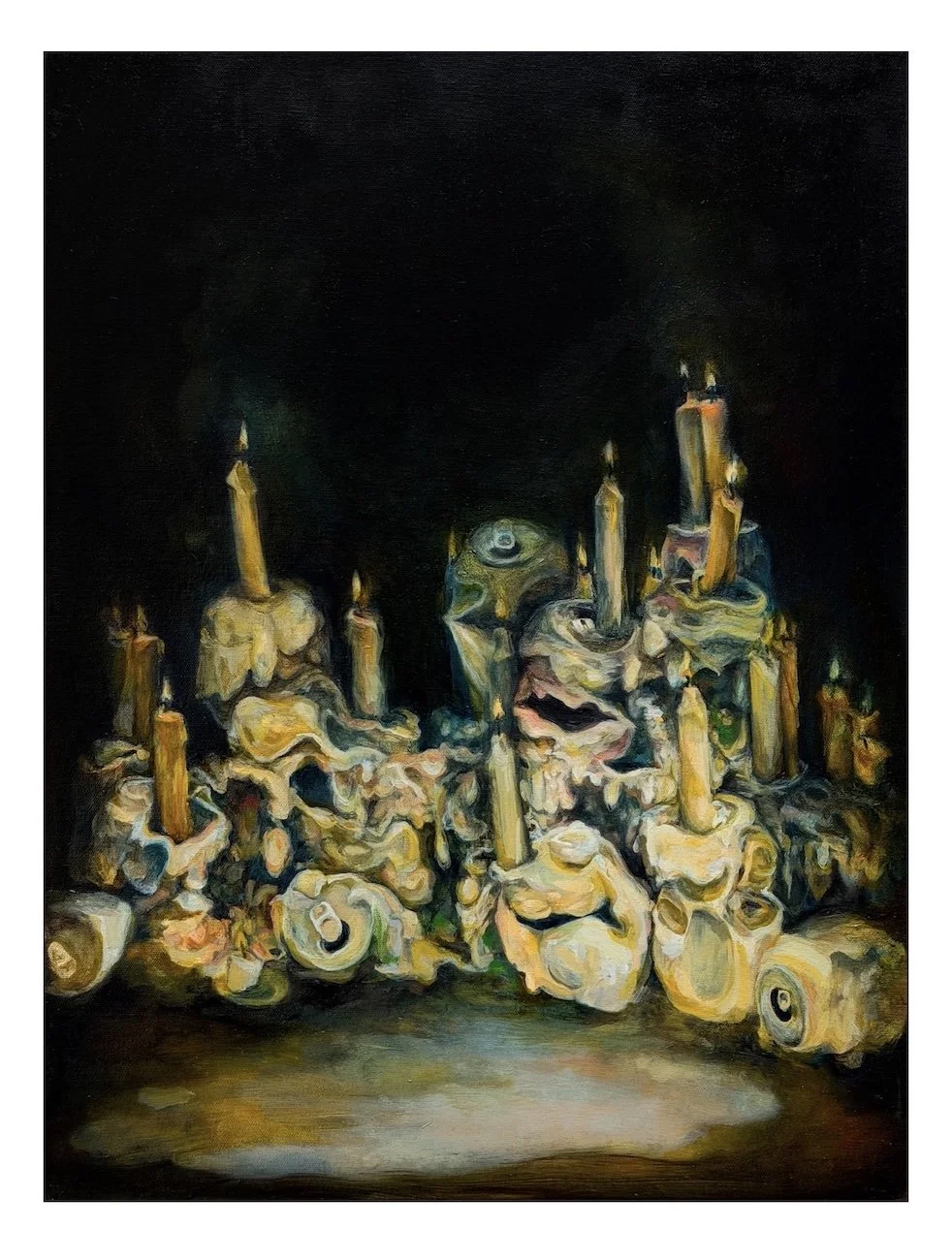 A surreal painting of a pile of melted candles with some faces and eyes embedded in the wax, set against a dark background.