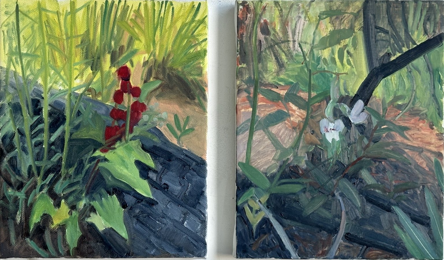 Two paintings depicting wildflowers and greenery in a natural setting, featuring vibrant green leaves, grass, and plants.