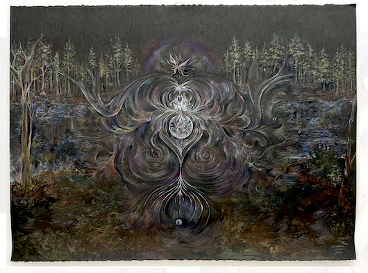 Abstract painting depicting a forest scene with swirling patterns and smoky, ghostly figures emerging from the ground, set against a dark sky.