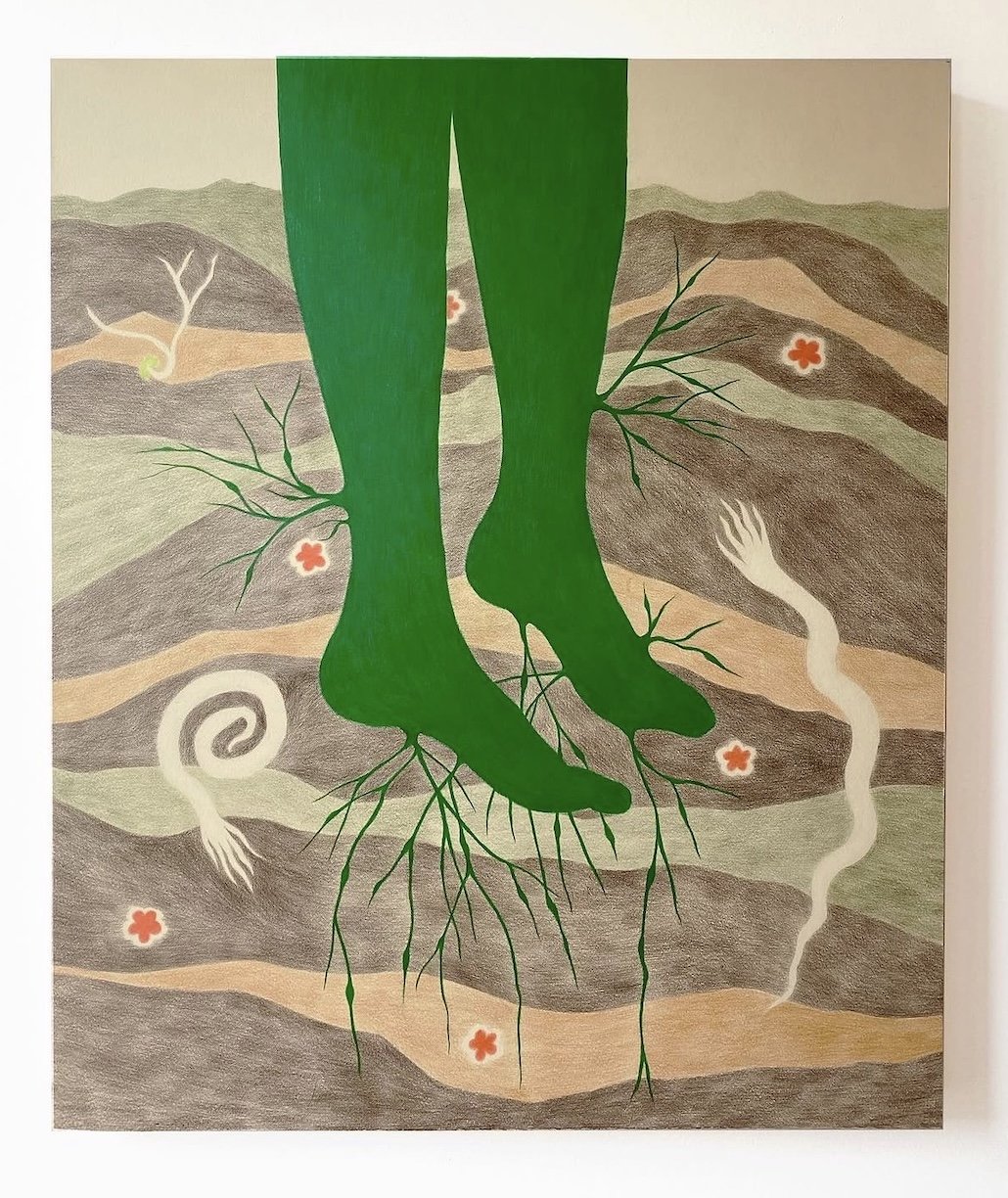 Painting of two large green tree roots underground, with small orange flowers, white fungi, and winding roots in a stylized landscape.