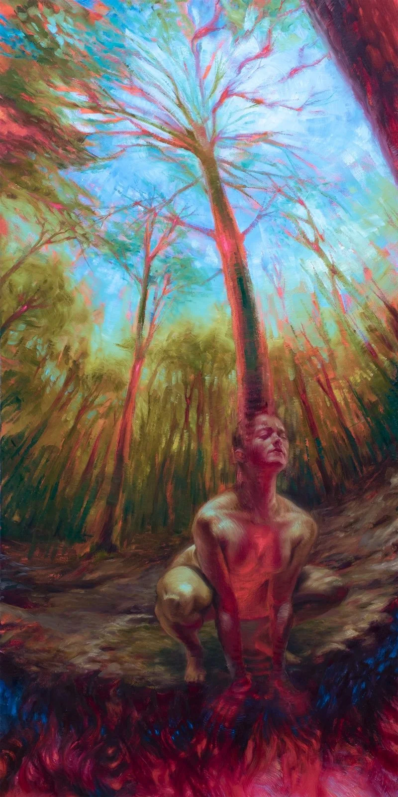 A surreal painting of a person crouching in a forest with tall trees. The person is kneeling with eyes closed, and the trees extend upward, blending with the sky. The scene uses vibrant, abstract colors and brushstrokes.