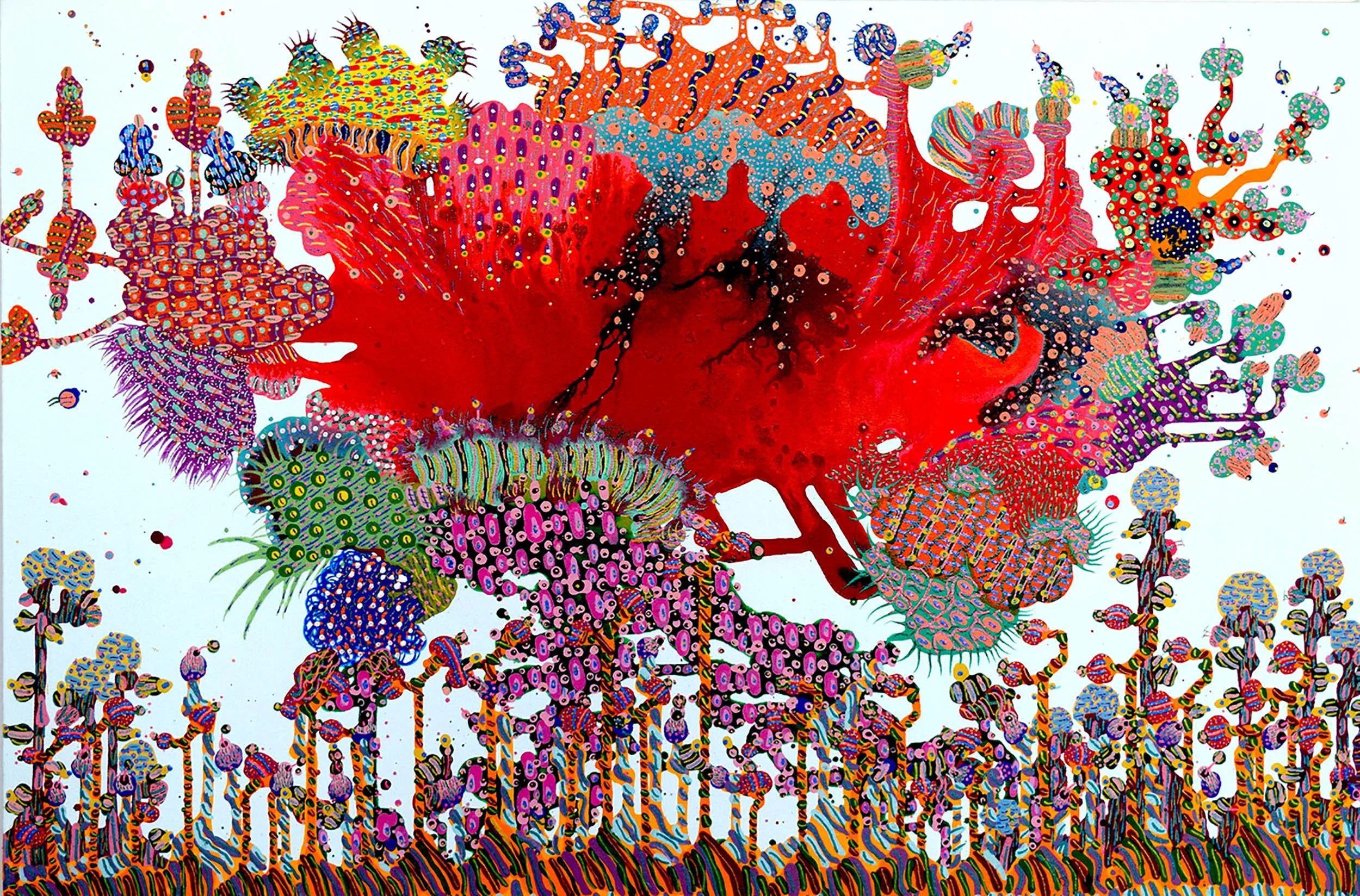 A colorful, abstract illustration of a chameleon with vibrant patterns, surrounded by numerous smaller, similarly decorated chameleon-like figures on a white background.