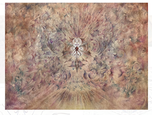 Abstract watercolor painting with a symmetrical butterfly-like figure in the center, surrounded by swirling patterns and soft pastel colors.