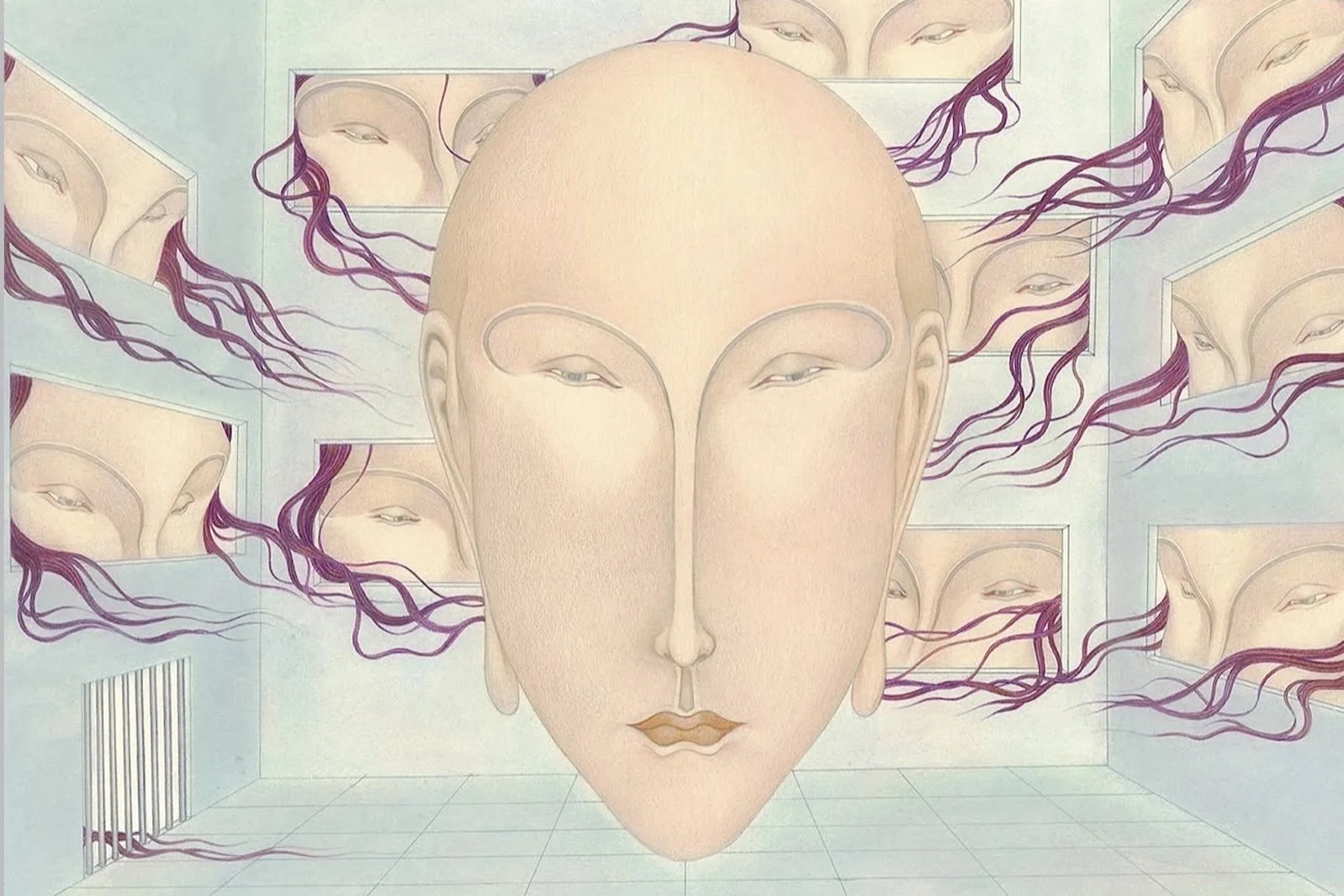 Large abstract face with closed eyes and neutral expression, surrounded by smaller faces with similar features in a room with light colors and purple flowing lines.