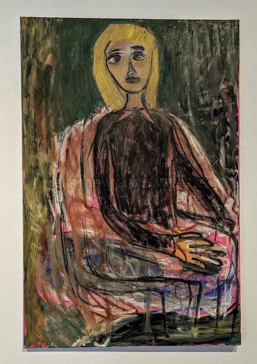 An abstract portrait of a woman with yellow hair and a black dress, sitting with her hands resting on her lap, painted with bold brushstrokes and dark colors, on a textured background.