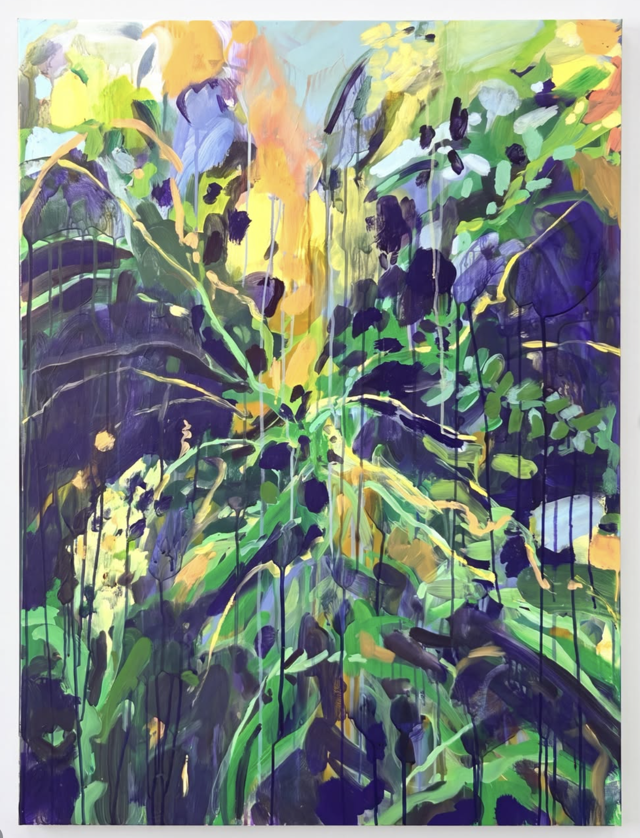 Abstract painting with vibrant green, yellow, purple, orange, and blue colors, featuring bold brushstrokes and drips.