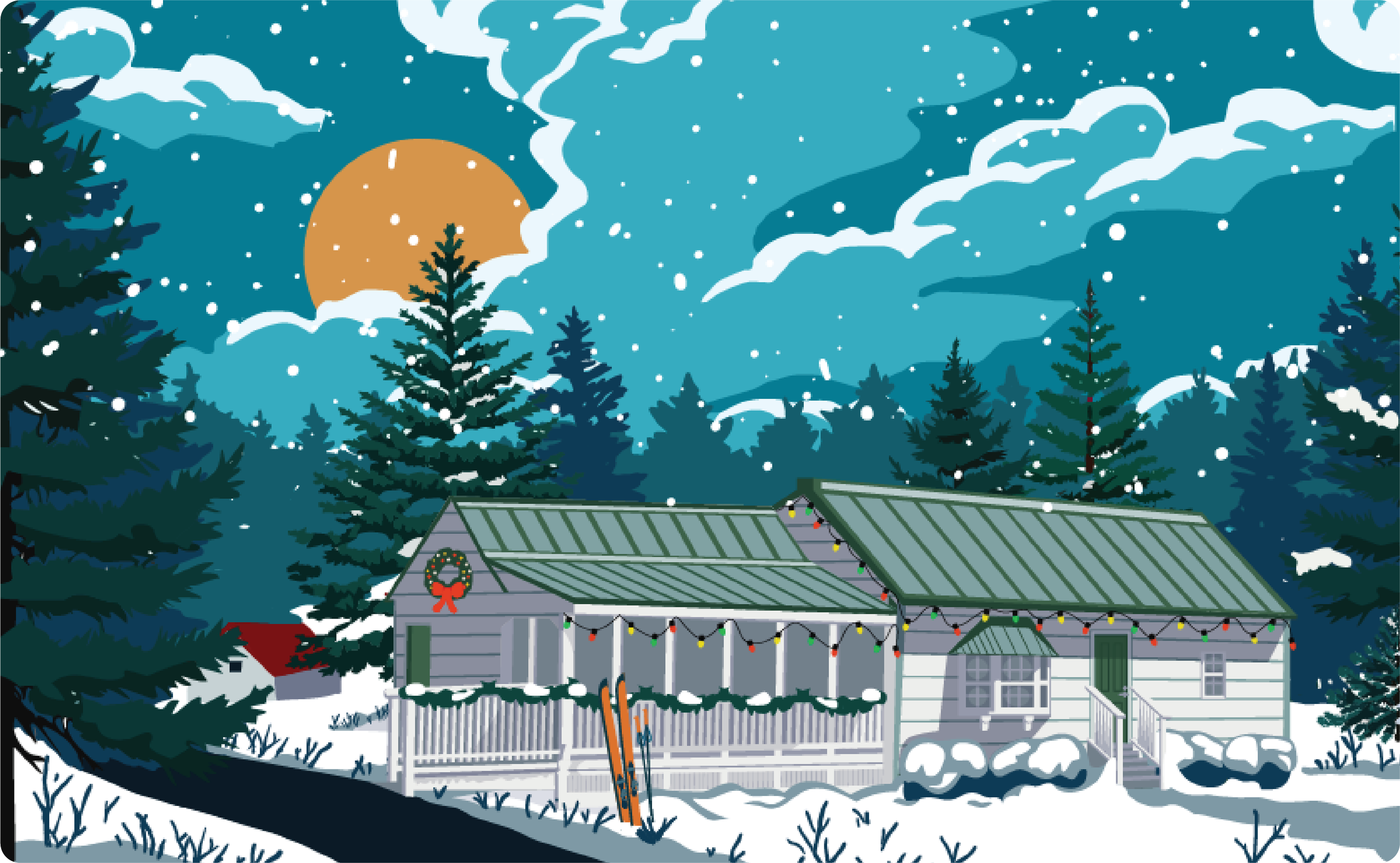 Custom winter illustration featuring a snowy house, holiday lights, pine trees, and night sky.