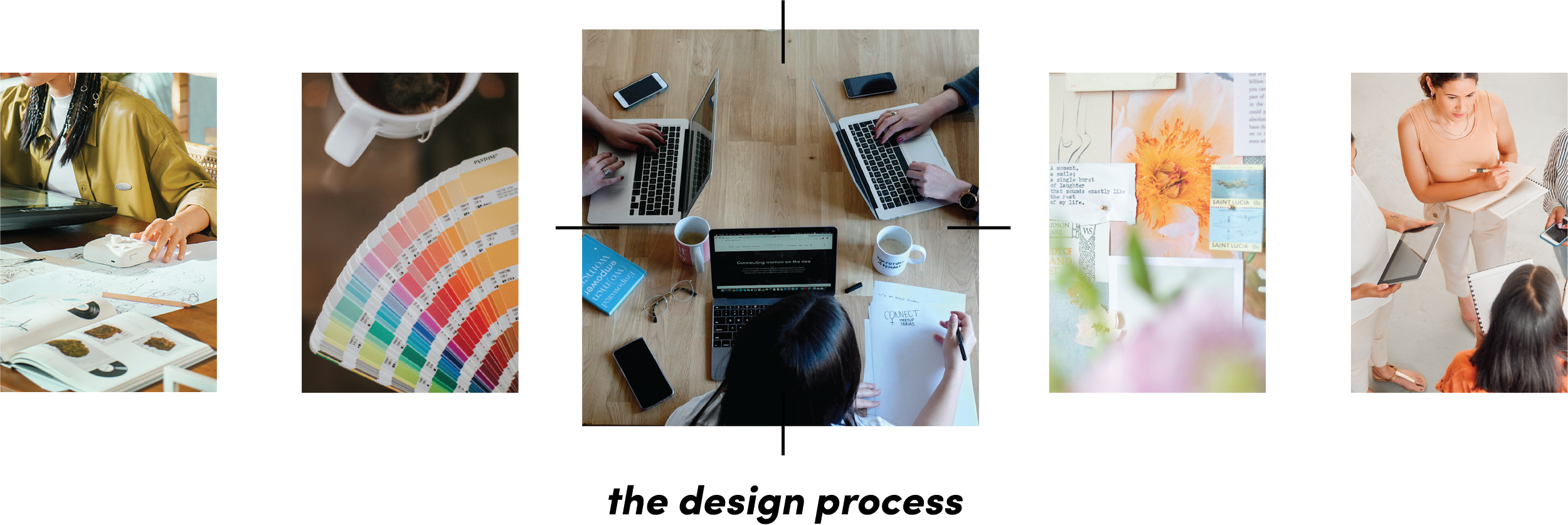 Vivid Design Studios design process collage with sketches, color selection, collaboration, and production planning.