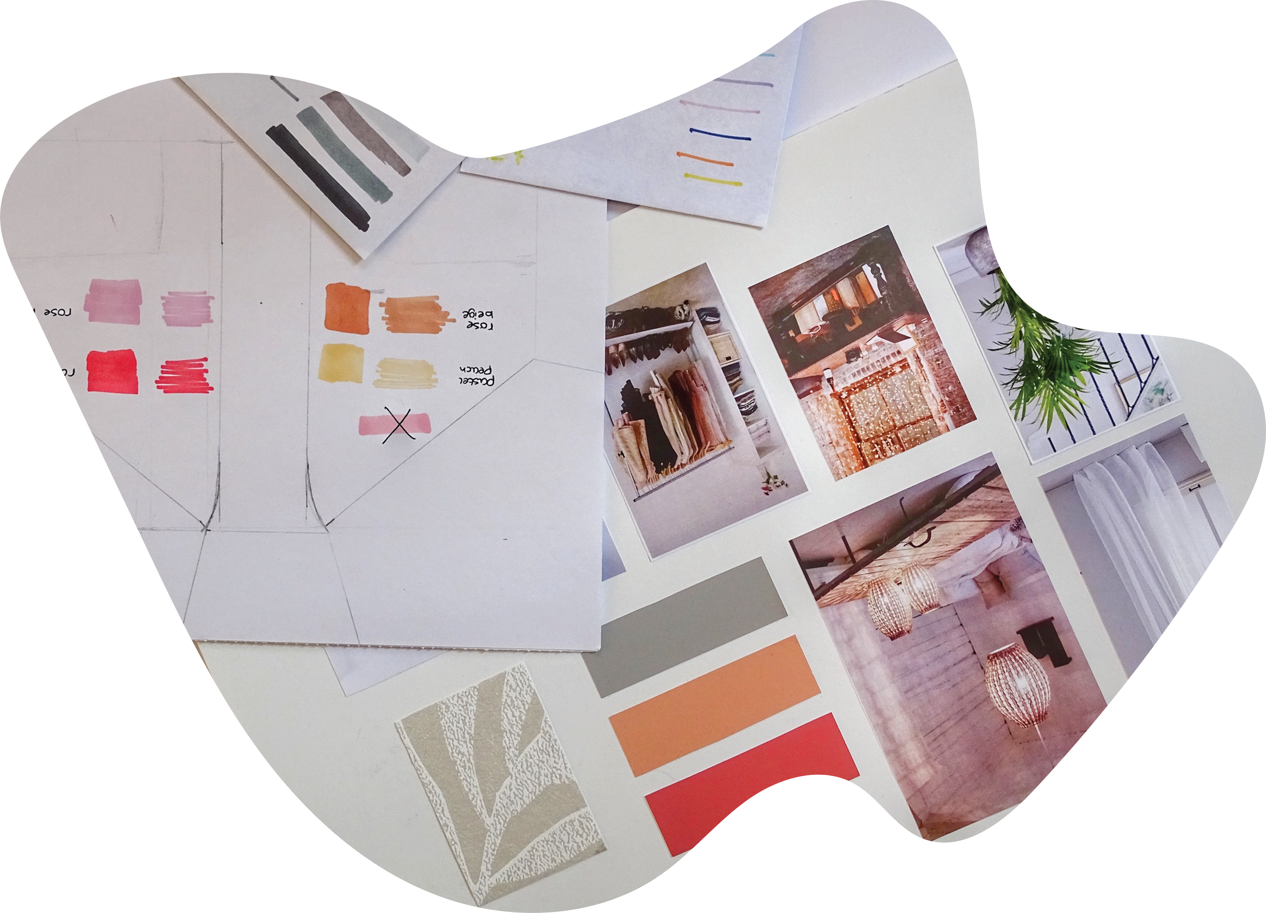 Interior design mood board with color palettes, photography, and visual inspiration.