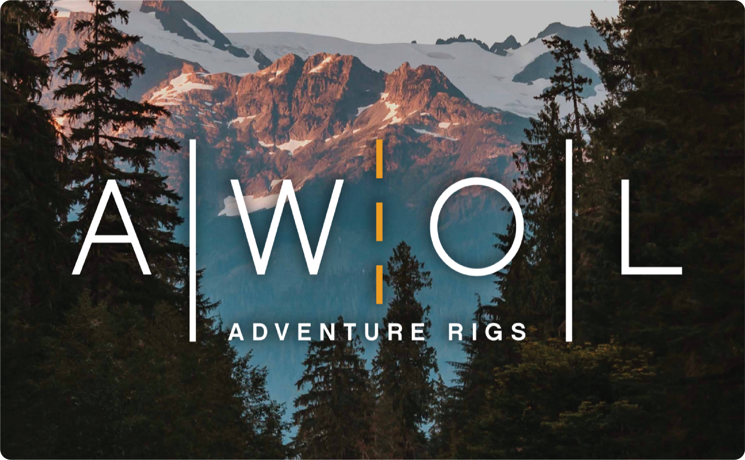 AWOL Adventure Rigs brand identity project with mountain landscape and logo design.
