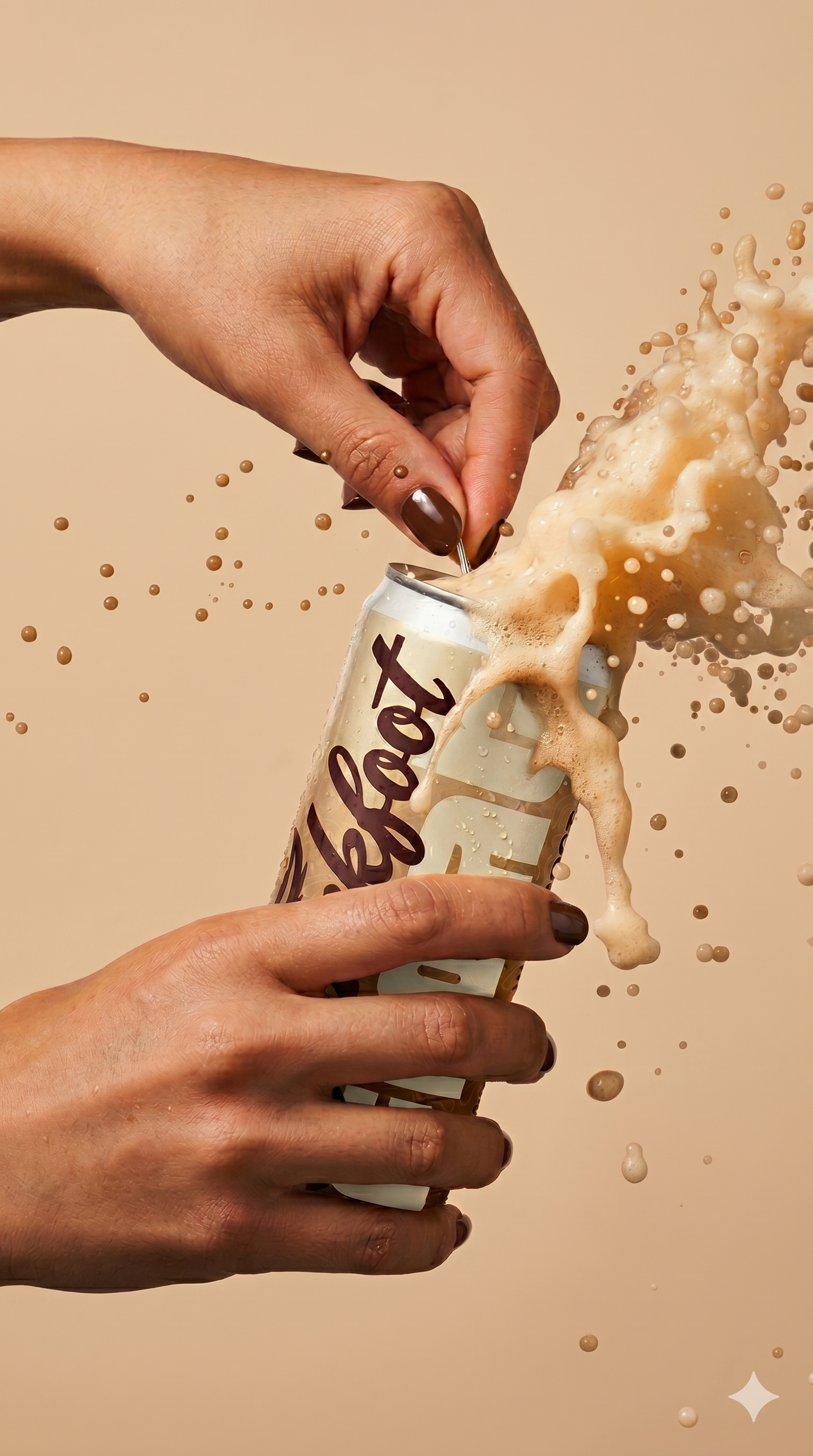Lifestyle brand image showing hands opening a can with foam splashing.