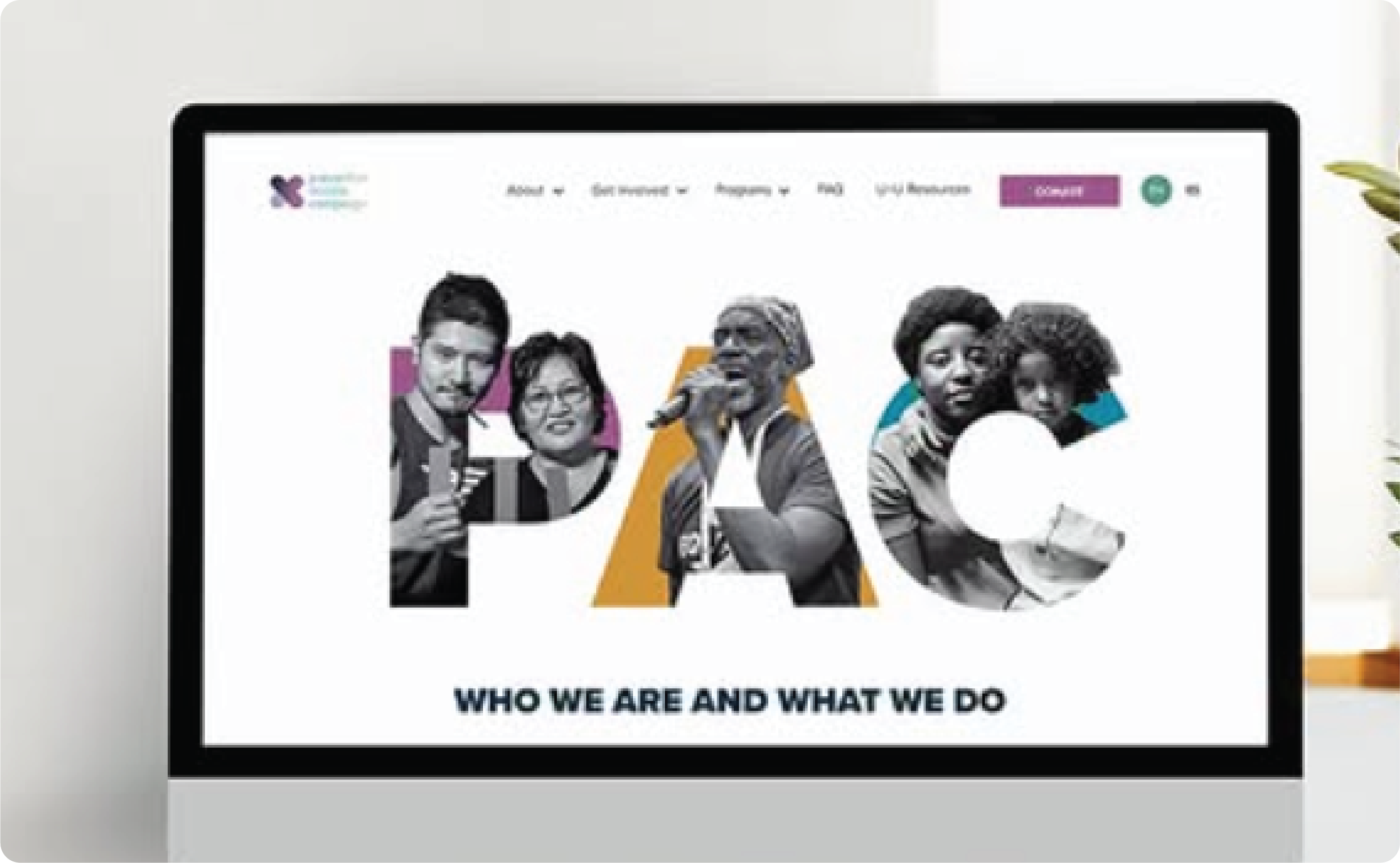 Website design example featuring illustrated characters and brand messaging.