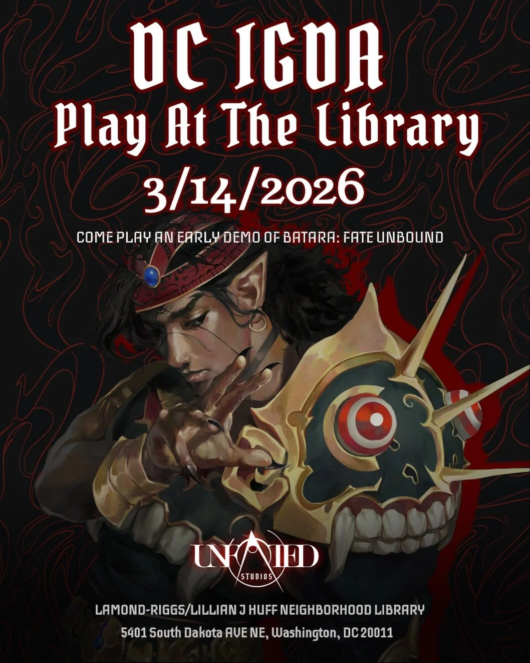 Unfated Studios is excited to showcase Batara: Fate Unbound at the @igda_dc Play At The Library from 1-5 pm! Come say hi if you&rsquo;re in the dmv area! ✨
&bull;
&bull;
&bull;
#batarafateunbound #washingtondc #gamedev