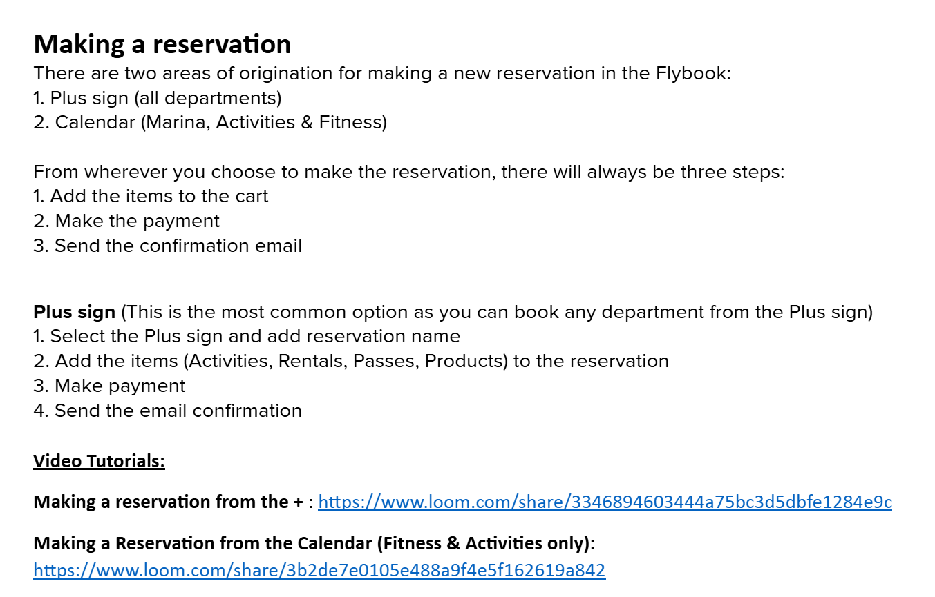 Text document with instructions for making reservations, including steps for adding items, making payments, and sending confirmation emails, with links to video tutorials and reservation platforms.