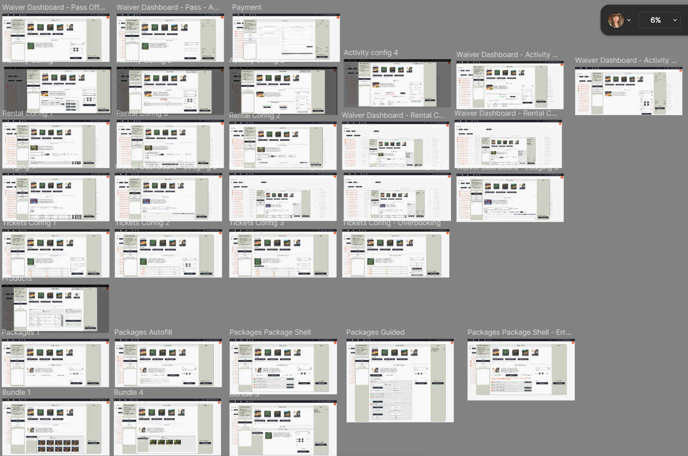 Screenshot of a digital interface or dashboard with multiple tabs and sections related to waiver management, rental configurations, ticketing, product packages, and package shells, displaying various forms, menus, and data tables.