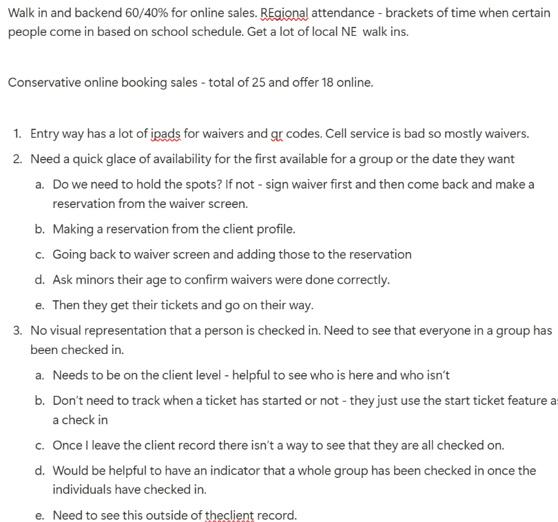 A screenshot of a text document discussing online sales, attendance brackets, and a reservation process, including instructions for grouping minors, no visual check-in representation, and the need for indicators of group check-in status.